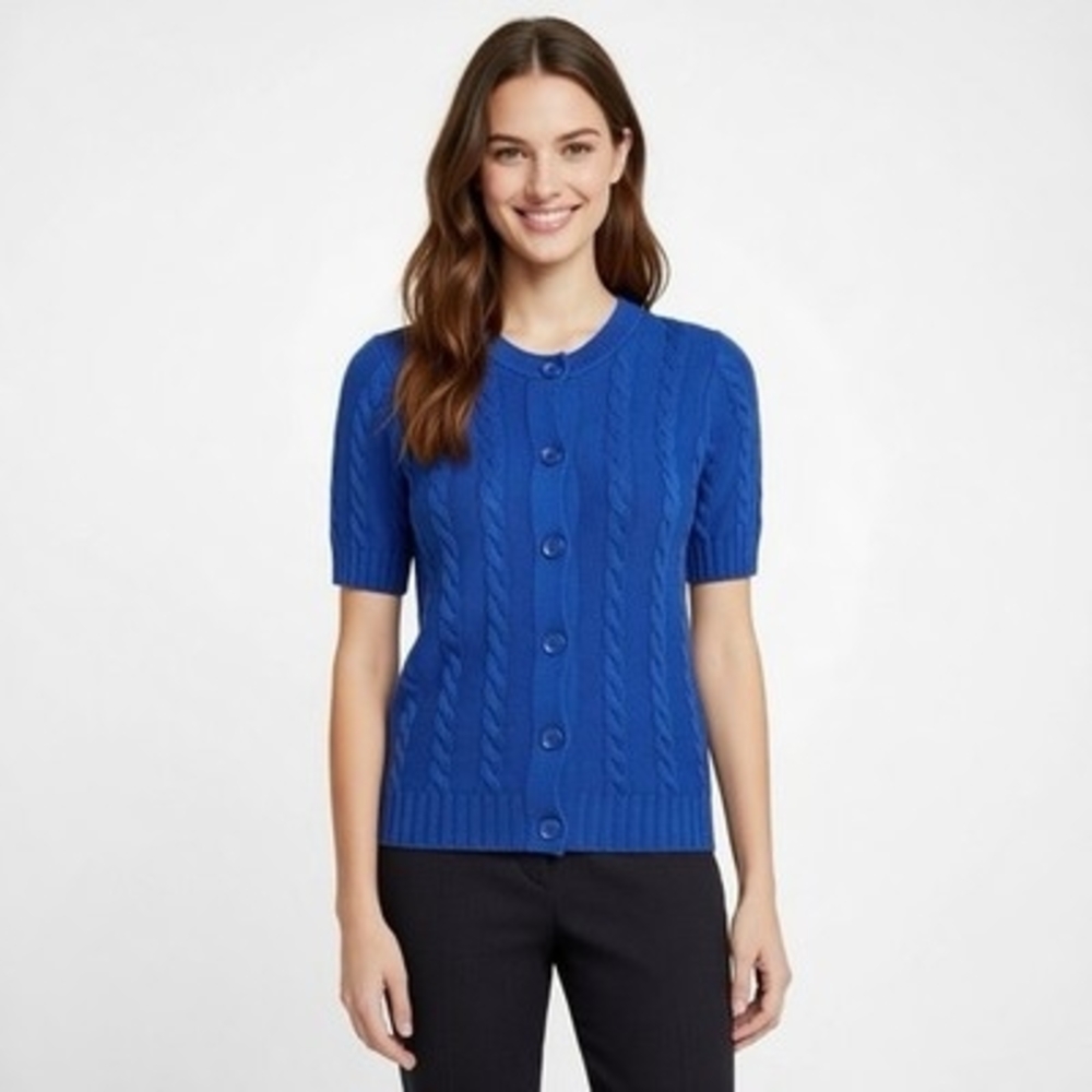 ZARA Vibrant Blue Cable Knit Button Up Cardigan Short Sleeve Womens M VG - Picture 3 of 8